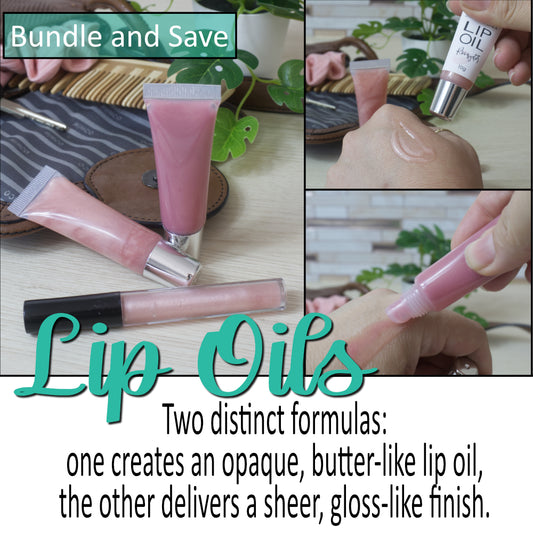 Collage of lip oils with close-ups of the texture of the lip oil against the back of a hand.   Text suggest this is a bundle offer of two formulas and highlights the differences.