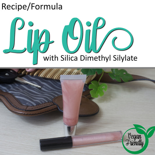 A product cover photo with the text LIP OIL in teal cursive writing in the top half of the image against a white background. Additional text reads WITH SILICA DIMETHYK SILYLATE.  The bottom half has a image of a two lip oils, one in a wand applicator and the other in tube.  Both packaging are clear revealing a pale pink product.  In the background, the contents of a handbag spill onto the wooden surface.