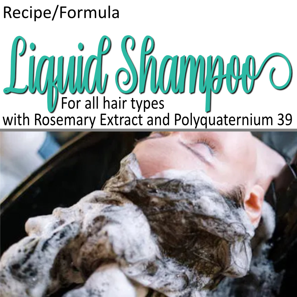 A product cover photo with the text LIQUID SHAMPOO in teal cursive writing in the top half of the image against a white background.  The bottom half has a image of a woman resting her head against a black basin while someone washes her hair with a dense lather forming.