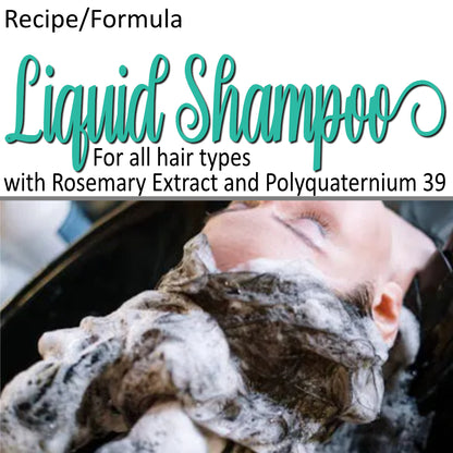 A product cover photo with the text LIQUID SHAMPOO in teal cursive writing in the top half of the image against a white background.  The bottom half has a image of a woman resting her head against a black basin while someone washes her hair with a dense lather forming.