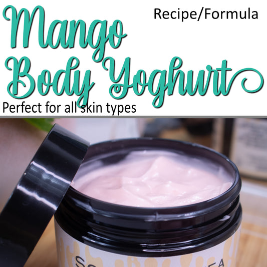 A product cover photo with the text MANGO BODY YOGHURT in teal cursive writing in the top half of the image against a white background.  The bottom half has a close up image of an open black jar with the lid resting on the side revealing a peach looking cream.