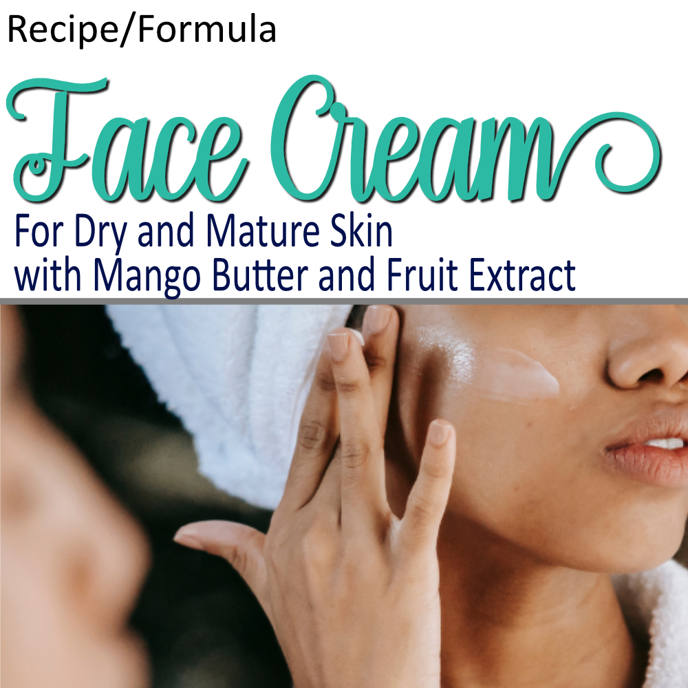 A product cover photo with the text FACE CREAM in teal cursive writing in the top half of the image against a white background.  The bottom half has a close-up image of a woman applying cream to her cheek and her hair is gathered in a towel.