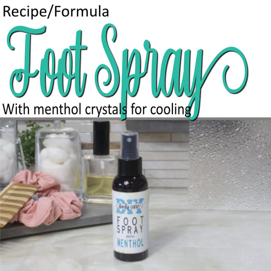 A product cover photo with the text FOOT SPRAY in teal cursive writing in the top half of the image against a white background.  The bottom half has a image of a dark bottle with black spray cap sitting on a bathroom countertop with perfume, cotton balls and scrunchie