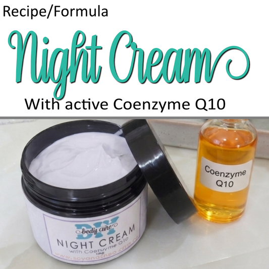 A cover photo image where by the top half feature teal text of NIGHT CREAM against a white background.  The words "with active Coenzyme Q10" is written underneatth.  The lower half of the image has a photo of a black jar of cream with decorative label reading NIGHT CREAM sitting on a bench.  The lid has been removed and rests on the side revealing a lilac cream.  Beside this is a cleass bottle with an orange liquid and labelled Coenzyme Q10