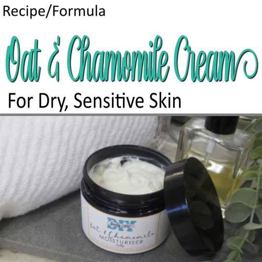 On the bottom half of this cover image is a photo of a black jar with the lid removed to reveal and off white cream inside.  The top half of the cover image has a white background with cursive writing identifying this is for a Oat and Chamomile Cream formula.