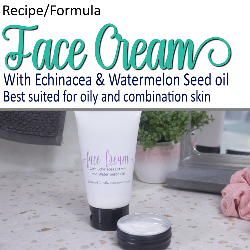 A product cover photo with the text FACE CREAM in teal cursive writing in the top half of the image against a white background. Further text indicates this is for oily and combination skin.  The bottom half has a image of a  a white tube with black lid standing on a terrazzo surface with a smal black tin sitting in front filled with white cream.  In the background is a bathroom counter top with mirror and plant.