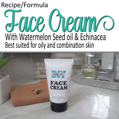 A product cover photo with the text FACE CREAM in teal cursive writing in the top half of the image against a white background. Further text indicates this is for oily and combination skin.  The bottom half has a image of a  a white tube with black lid standing on a bathroom counter top surrounded by accessories like face cloth, rings and bottle or perfume.  The tube is labeled as Face Cream