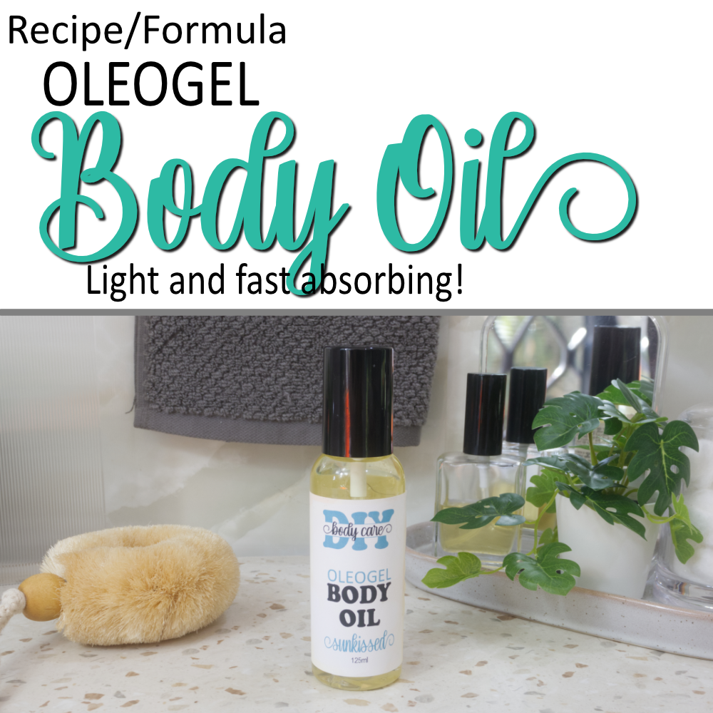 A cover photo  that is divided into two.  The top half has a white background with text announcing this is a formula for Oleogel Body Oil.  The lower half has a photo of a clear bottle sitting on a bathroom counter top with a black lid.  In the bottle is  a golden liquid and a label reads Body oil