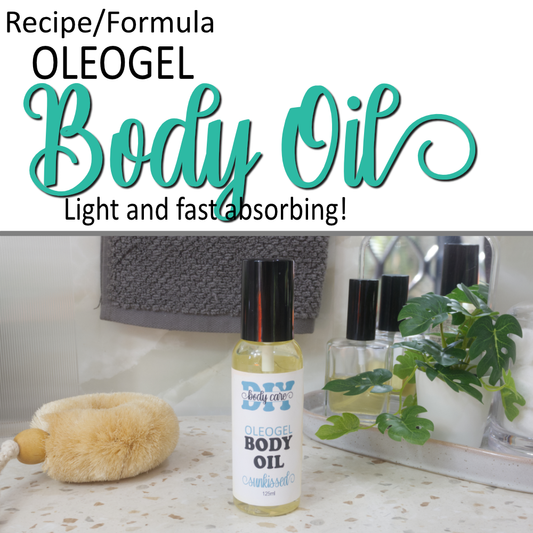 A cover photo  that is divided into two.  The top half has a white background with text announcing this is a formula for Oleogel Body Oil.  The lower half has a photo of a clear bottle sitting on a bathroom counter top with a black lid.  In the bottle is  a golden liquid and a label reads Body oil