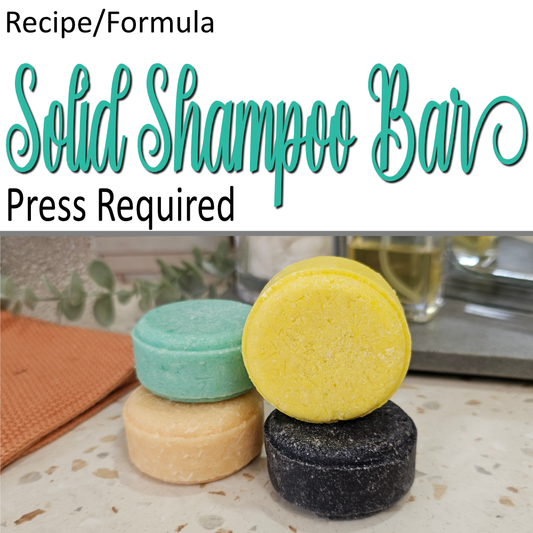 A product cover photo with the text SOLID SHAMPOO BAR in teal cursive writing in the top half of the image against a white background.  The bottom half has four cylidrical shaped solid shampoo bars in a variety of colours sitting against a blurred bathroom countertop background.