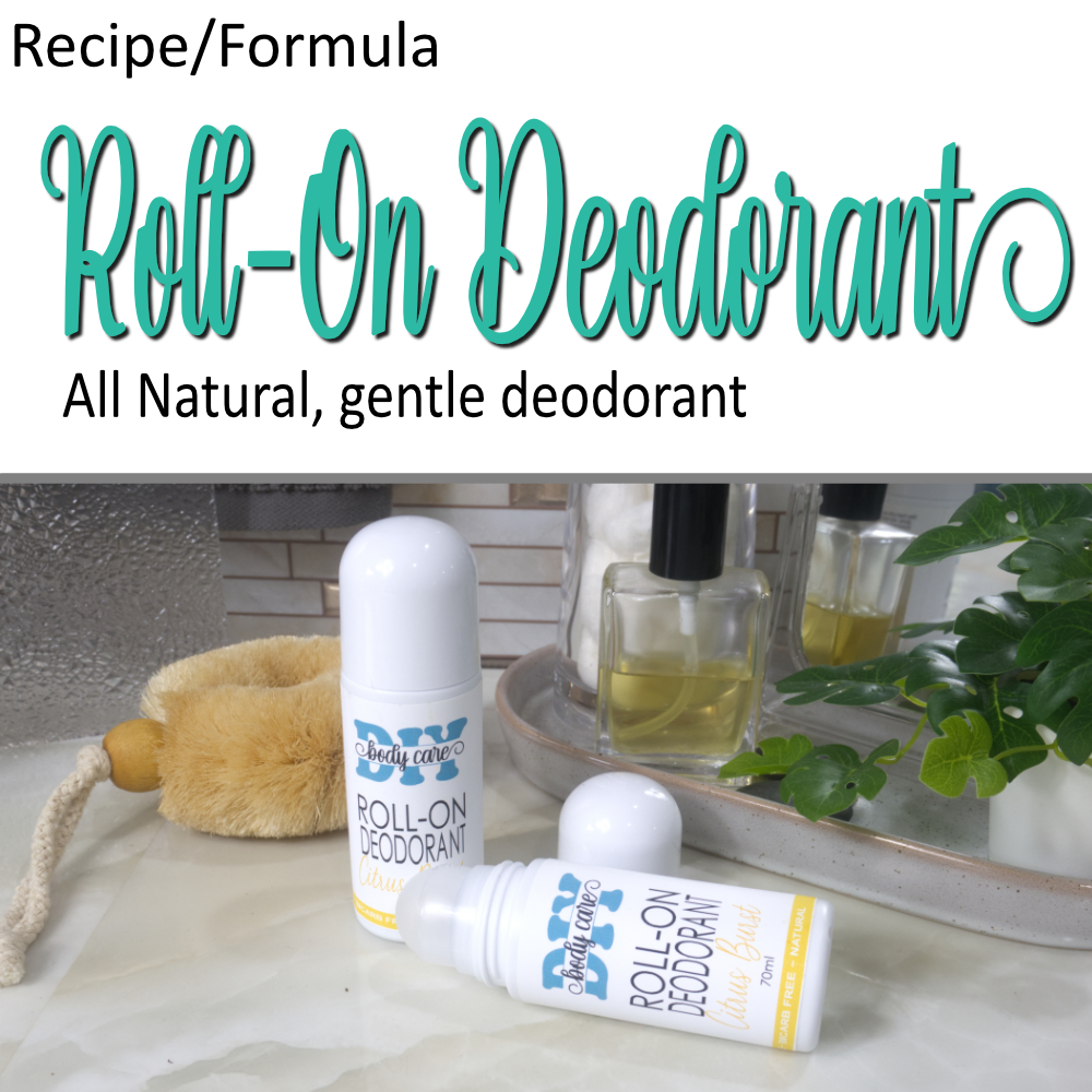 A cover photo that has two layers.  The top half has a white background with decorative teal text announcing an all natural Roll-On deodorant formula.  Below is a photo showing two bottles of Roll-on deodorant on a bathroom counter.  One bottle stands upright with a domed lid while another lays flat on the bench with the lid removed showing the rolling mechanism. 