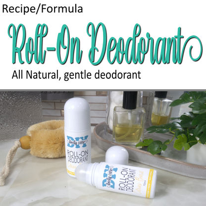 A cover photo that has two layers.  The top half has a white background with decorative teal text announcing an all natural Roll-On deodorant formula.  Below is a photo showing two bottles of Roll-on deodorant on a bathroom counter.  One bottle stands upright with a domed lid while another lays flat on the bench with the lid removed showing the rolling mechanism. 