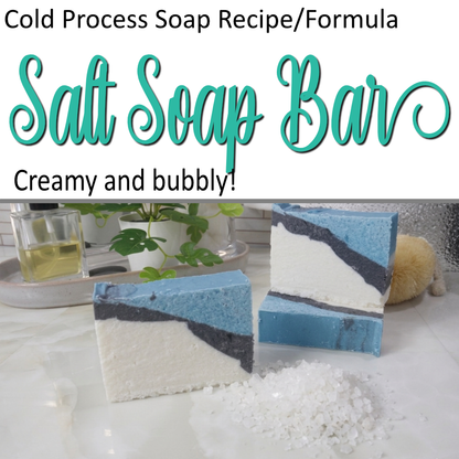 A cover photo for a soap formula.  The top half of the photo has a white background with cursive teal text reading Salt Salt Bar.  The lower half is a photo of three bars of soap sitting on a bathroom countertop next to a small pile of salt.  The soaps have a diagonal strip pattern of White, Black and Teal.