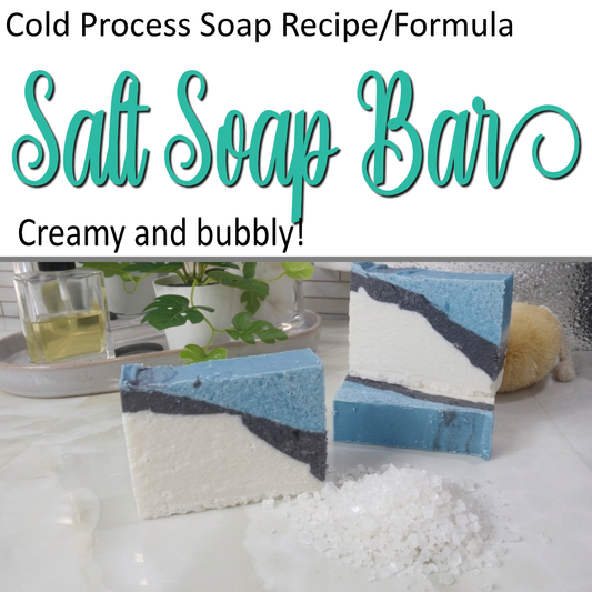 A cover photo for a soap formula.  The top half of the photo has a white background with cursive teal text reading Salt Salt Bar.  The lower half is a photo of three bars of soap sitting on a bathroom countertop next to a small pile of salt.  The soaps have a diagonal strip pattern of White, Black and Teal.