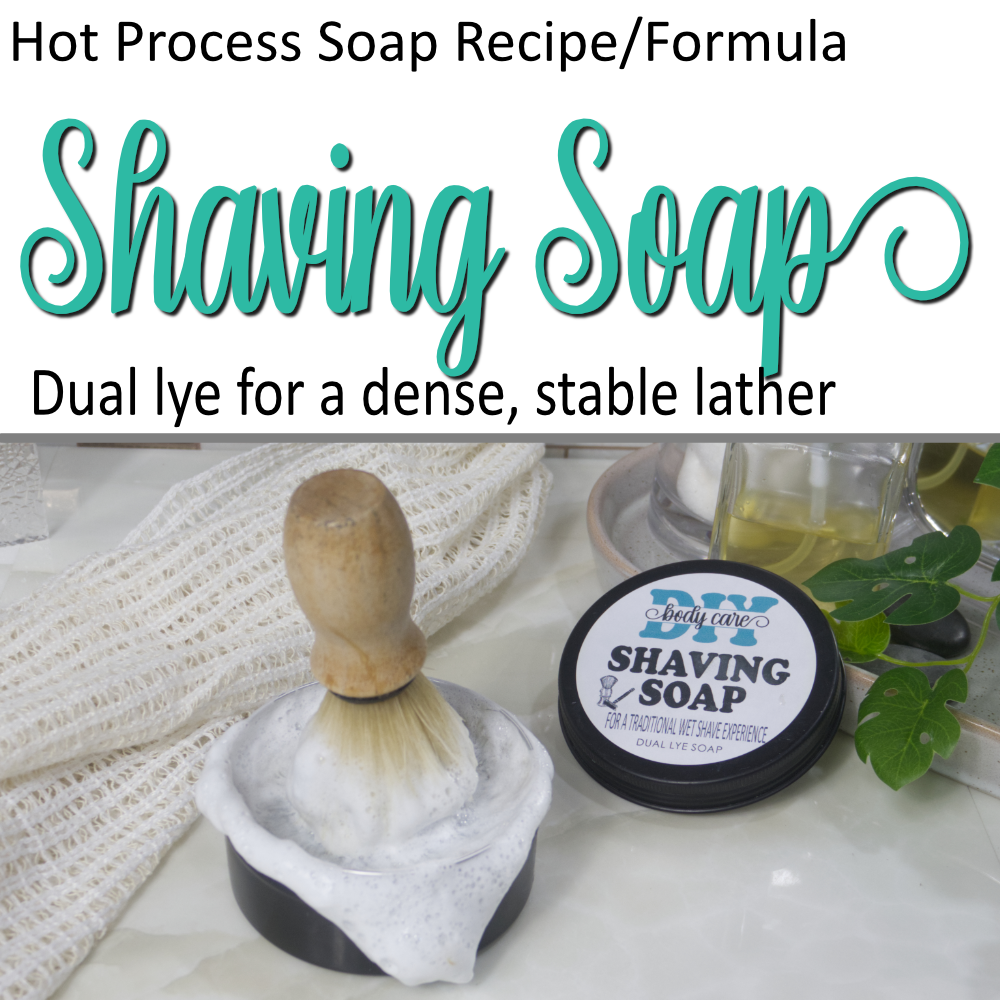 A cover photo  that is divided into two.  The top half has a white background with text announcing this is a formula for Shaving Soap made with dual lye.  The lower half has a photo of a round tin with a dense foam covering it and shaving brush standing with bristle down in the foam.  To the right is the lid of the tin labelled shaving soap.