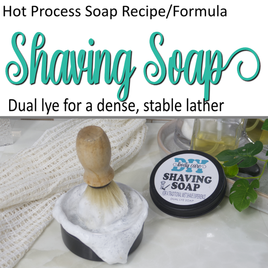 A cover photo  that is divided into two.  The top half has a white background with text announcing this is a formula for Shaving Soap made with dual lye.  The lower half has a photo of a round tin with a dense foam covering it and shaving brush standing with bristle down in the foam.  To the right is the lid of the tin labelled shaving soap.