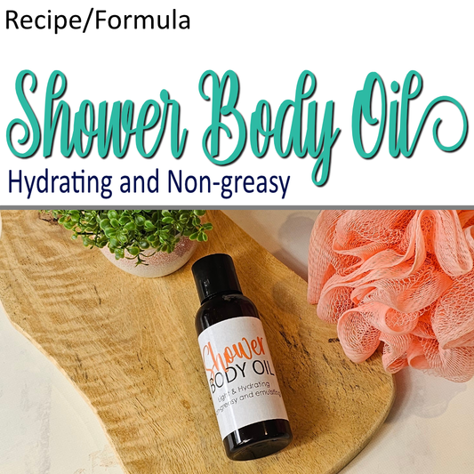 A product cover photo with the text SHOWER BODY OIL in teal cursive writing in the top half of the image against a white background.  The bottom half has a image of an amber bottle with black cap laying on a wooden surface with a simple product label facing up.  A nylon loofah sits the right and a potted plant to the top left