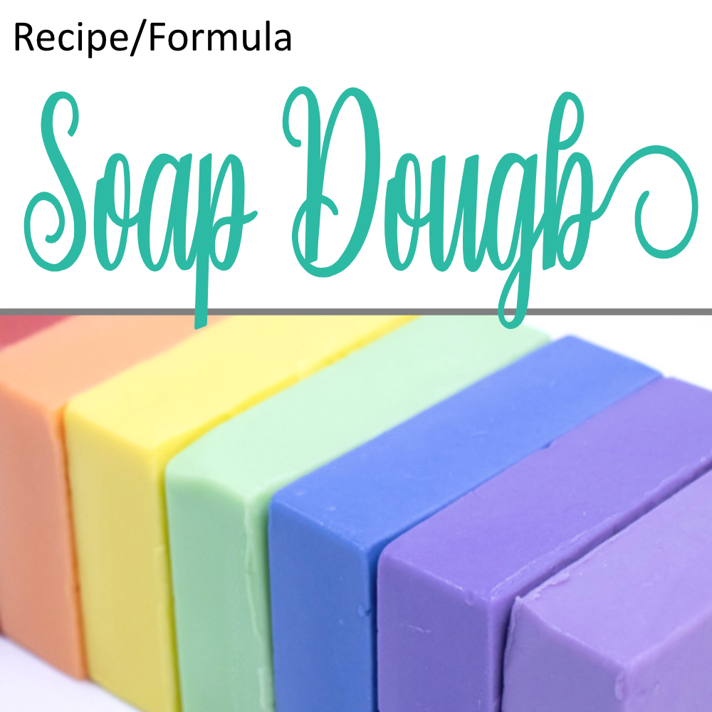 A product cover photo with the text SOAP DOUGH in teal cursive writing in the top half of the image against a white background.  The bottom half has a image of a stacked row of soaps, each in a single colour of the rainbow.