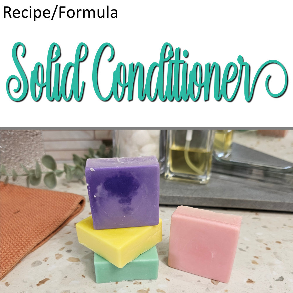 A product cover photo with the text SOLID CONDITIONER in teal cursive writing in the top half of the image against a white background.  The bottom half has a image of four colourful smooth blocks of conditioner next to an orange cloth.  In the background are other bathroom accessories including perfume and mirror.