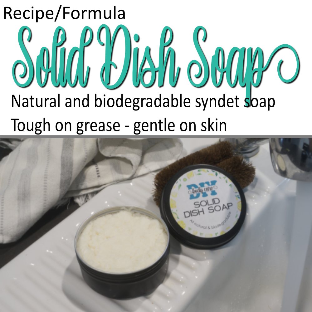 A cover photo where the bottom half is a photo image of a round black tin resting on a kitchen sink with the lid resting to the side against a scrubbing brush.  The tin has a solid white paste in it.  The top half of the cover image has a white backgroud with decorative teal text reading Solid Dish Soap.  Further text indicates this is natural and biodegradable.