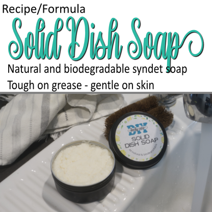 A cover photo where the bottom half is a photo image of a round black tin resting on a kitchen sink with the lid resting to the side against a scrubbing brush.  The tin has a solid white paste in it.  The top half of the cover image has a white backgroud with decorative teal text reading Solid Dish Soap.  Further text indicates this is natural and biodegradable.