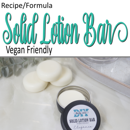 A cover image that shows a photo in the bottom half of the image of some solid round white pucks on a marble counter top with one puck sitting in a round black tin labelled as Solid Lotion Bar.  The top half of the image has a white background with teal cursive writing announcing this is a vegan friendly formula for Solid Lotion Bar