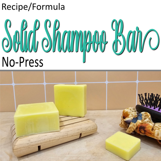 A product cover photo with the text SOLID SHAMPOO BAR in teal cursive writing in the top half of the image against a white background.  The bottom half has an image of three square bars of yellow solid conditioner.  Two sit on wooden soap dish in front of an orange tile background while to the right lies a smaller version with a brush and scrunchie.