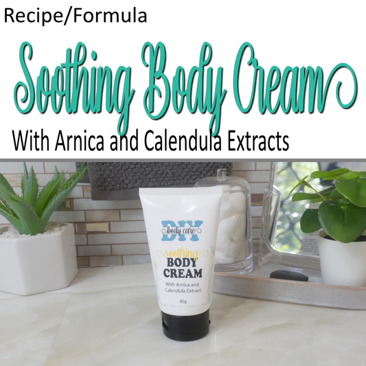 A cover photo where the top half is a white background with decorative teal text announcing this as a Soothing Body Cream Formula.  Additional plain text shows it has Arnica and Calendula Extracts.  To the bottom of the image is a photo if a white tube with black cap sitting on a bathroom countertop.  It is labelled as Soothing Body Cream