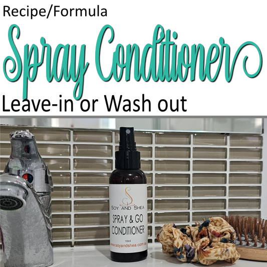 A product cover photo with the text SPRAY CONDITIONER in teal cursive writing in the top half of the image against a white background.  The bottom half has a image of a brown bottle with atomiser spray lid sitting next to a bathroom tap and a scrunchie and hair brush. 