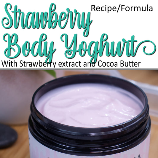 A product cover photo with the text STRAWBERRY BODY YOGHURT in teal cursive writing in the top half of the image against a white background.  The bottom half has a image of a close up image of the top of a black jar filled with pale pink cream against a blurred background.