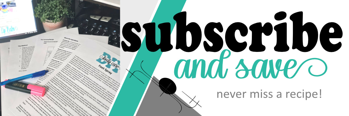 A promotional banner for a subscription service.  The text reads SUBSCRIBE AND SAVE - NEVER MISS A RECIPE.  A picture of a desk covered in formula notes and computer screen is to the left of the text.