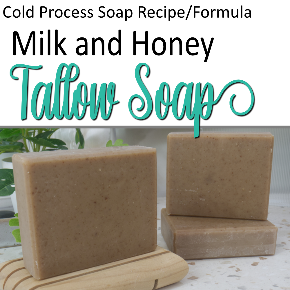 A cover photo for a Tallow Soap using Milk and Honey.  The lower part of the image shows a photo with some natural coloured bars of soap sitting on a bathroom countertop