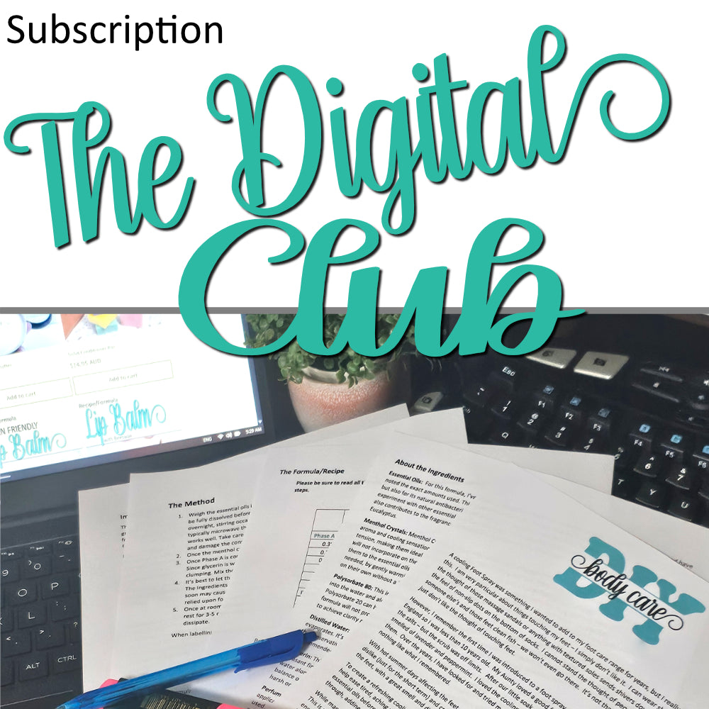 A product cover photo with the text SUBSCRIPTION THE DIGITAL CLUB in teal cursive writing in the top half of the image against a white background.  The bottom half has a image of of a desktop with a laptop and various papaers with formulas scattered on it.