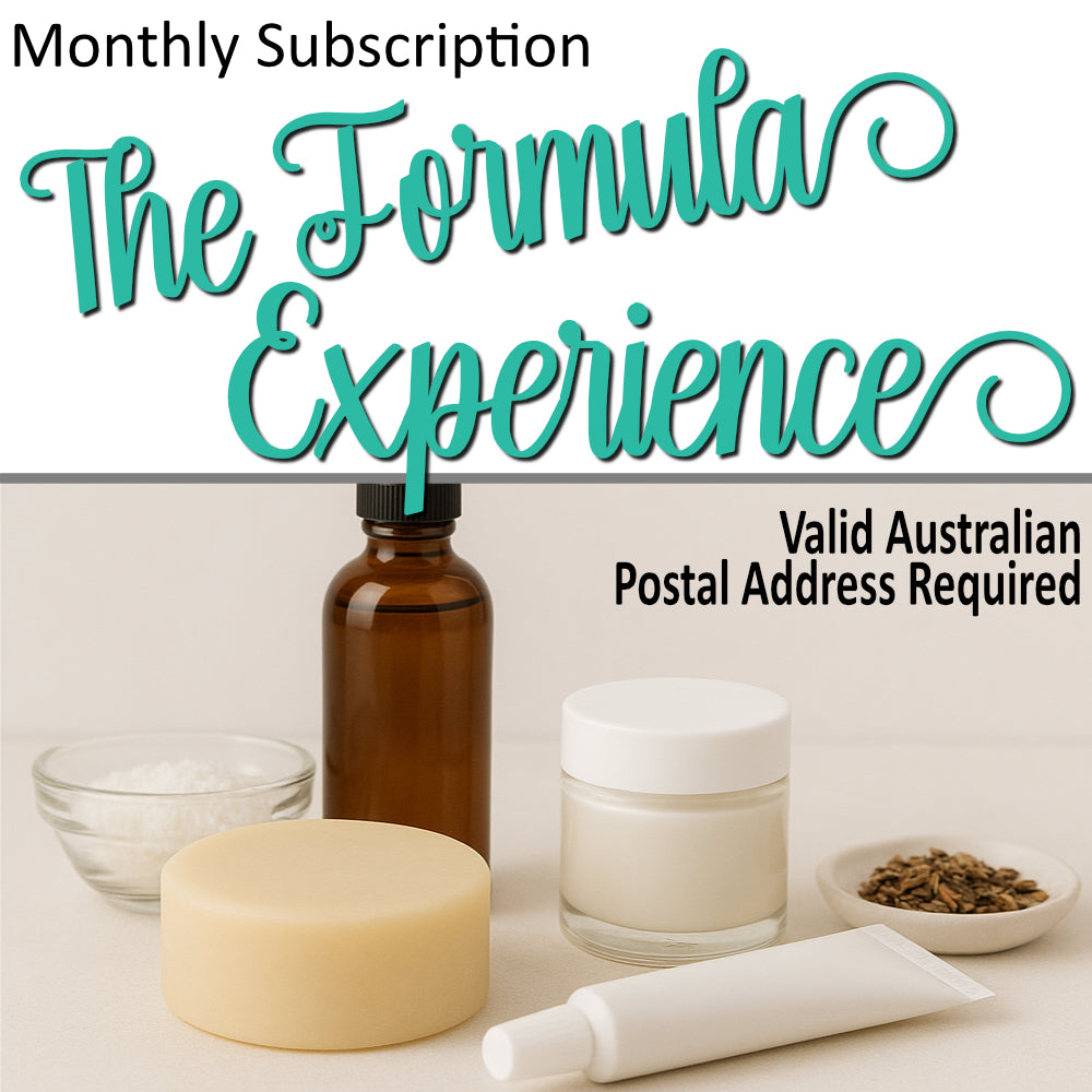A product cover photo with the text MONTHLY SUBSCRIPTION THE FORMULA EXPERIENCE in teal cursive writing in the top half of the image against a white background.  The bottom half has a image of various unbranded bath products including a white tube, small jar, soap and amber bottle with liquid