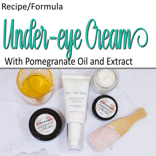 A product cover photo with the text UNDER_EYE CREAM in teal cursive writing in the top half of the image against a white background.  The bottom half has a image of a white tube with product label surrounded by small pots of filled with white cream and a beaker of golden coloured oil.