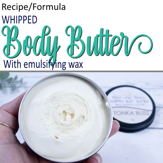 A product cover photo with the text BODY BUTTER in teal cursive writing in the top half of the image against a white background.  The bottom half has a image of a hand holding a round black tin with the lid lying on the wooden surface below.  The tin is filled with cream balm that appears whipped.