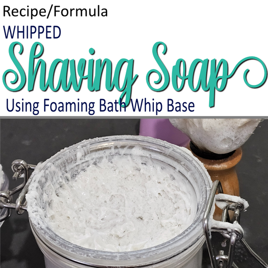 A product cover photo with the text SHAVING SOAP in teal cursive writing in the top half of the image against a white background.  The bottom half has a close-up image of open clear jar filled with a an offer white whipped soap.  Behind is a glimps of a shaving brush covered in foam.