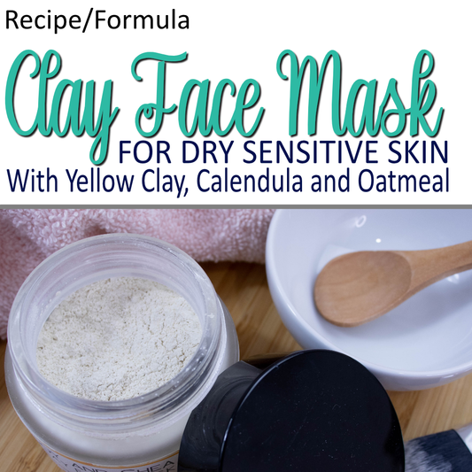 A product cover photo with the text CLAY FACE MASK in teal cursive writing in the top half of the image against a white background.  Under the text is FOR DRY SENSITIVE SKIN.  The bottom half has an image showing an open glass jar filled with light yellow powder  next to a small white bowl with spoon and pink towel